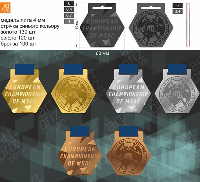 Медаль індивідуальна з металу WORLD CHAMPIONSHIP MSAC 60х60мм 4418M3