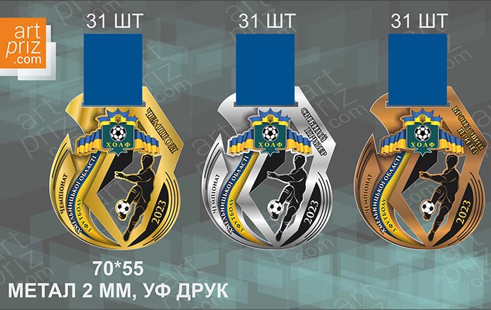 Медаль металева з футболу ЧЕМПІОНАТ ХМЕЛЬНИЦЬКОЇ ОБЛАСТІ 70х55 мм АРТПРИЗ 4751М3
