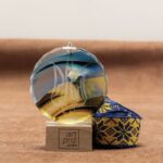 Медаль скляна з гранями Д70мм GL-89I з синьо-жовтой стрічкой з національним орнаментом