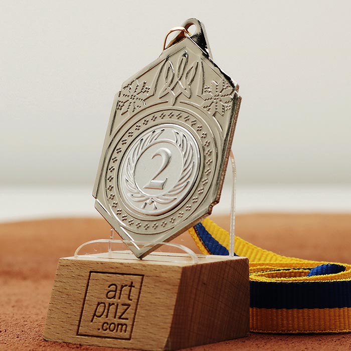 Медаль МА095 Срібло Шестикутник зі стрічкою з гербом України Жетон D25мм (65*40мм)