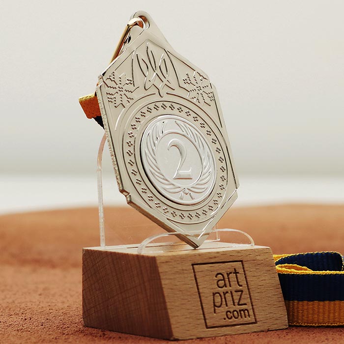 Медаль МА095 Срібло Шестикутник зі стрічкою з гербом України Жетон D25мм (65*40мм)