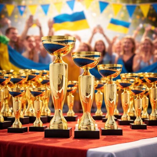 Кубок нагородний K5128C золото-синій на мармуровій основі H24см, чаша D8см