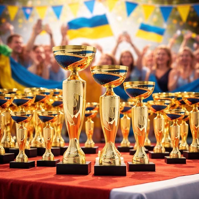 Кубок нагородний K5128C золото-синій на мармуровій основі H24см, чаша D8см